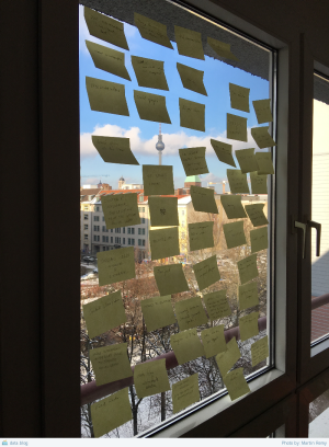 Post-it notes on a window glass